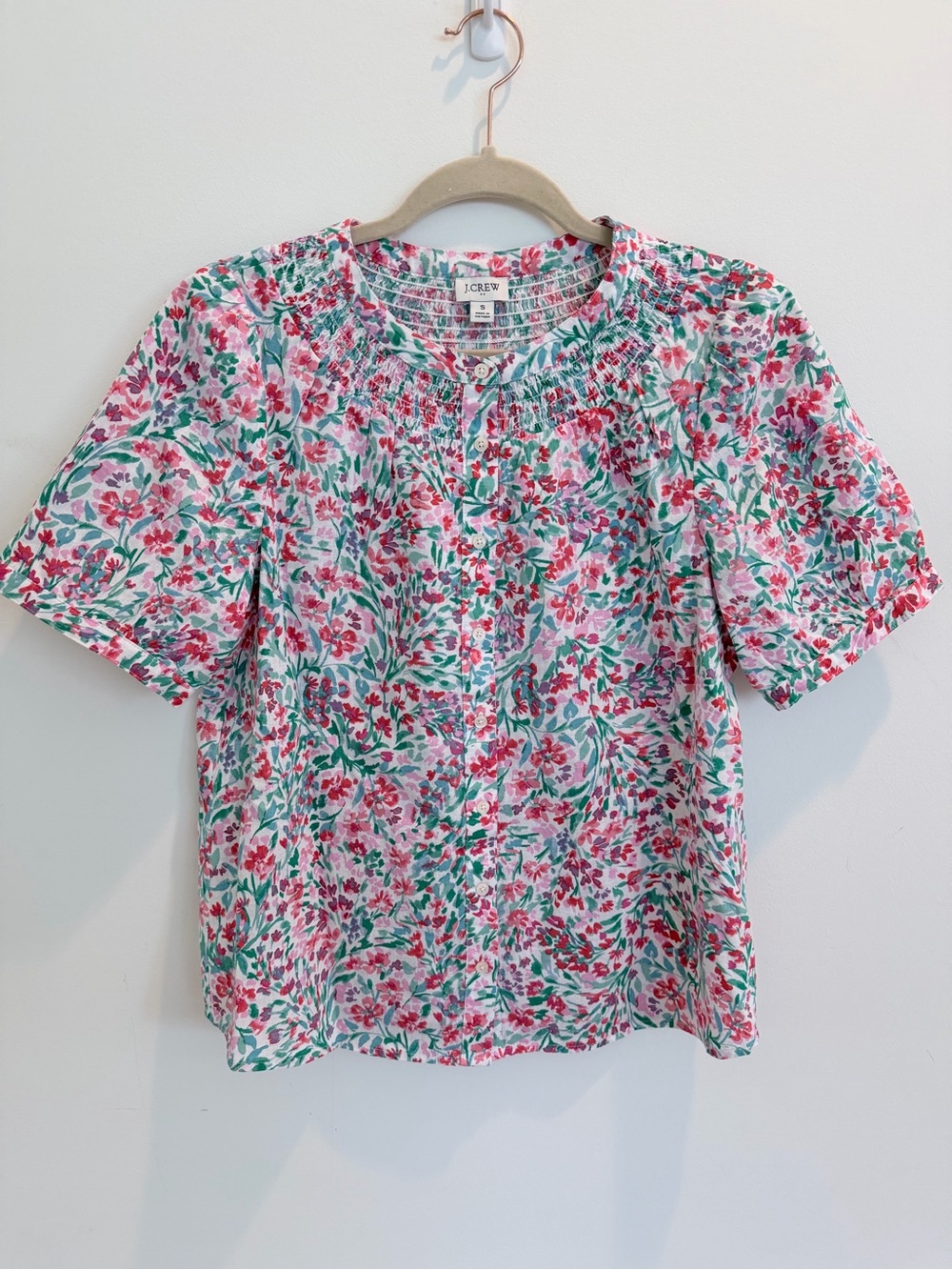 NWOT J. Crew Pink Floral Short-Sleeve Cotton Blouse, Size Small